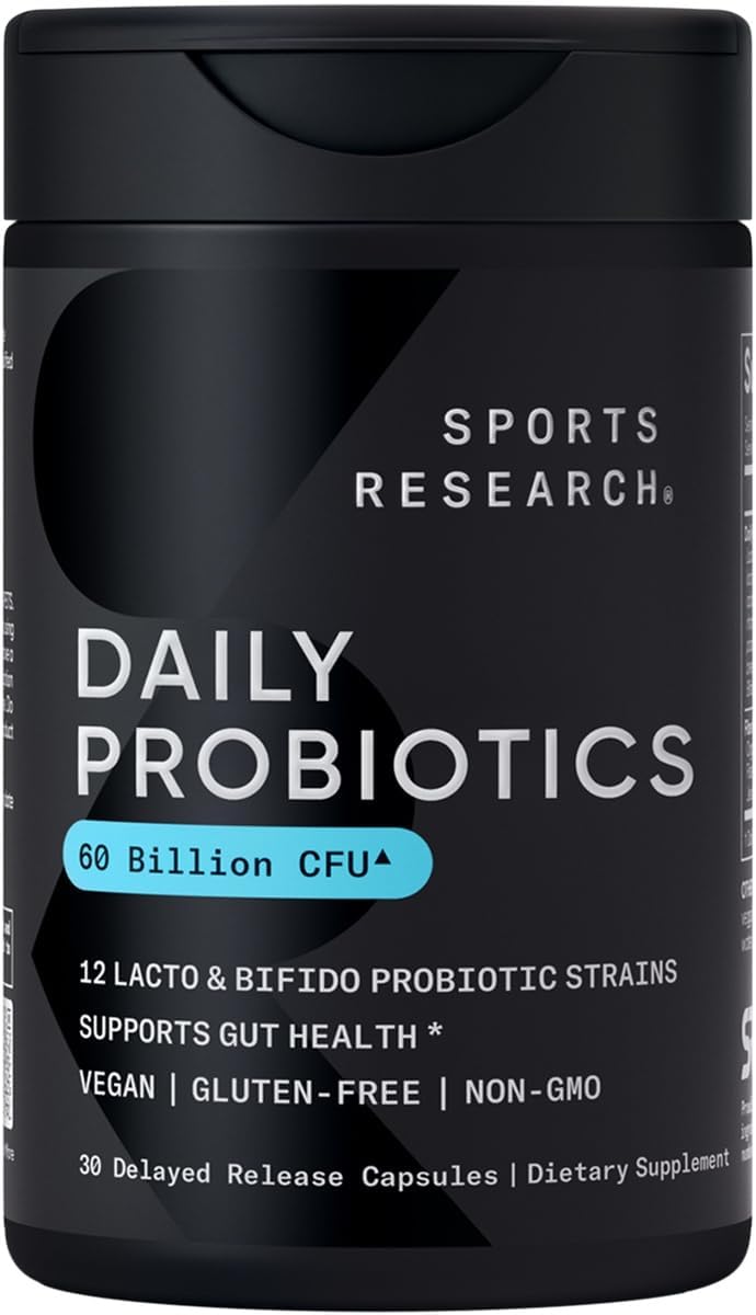 Sports Research Daily Probiotics With Prebiotics, 60 Billion Cfu - Vegan Capsules For Gut Health & Digestive Support, Probiotics For Women & Men - Non-Gmo Verified & Gluten Free - 30 Count