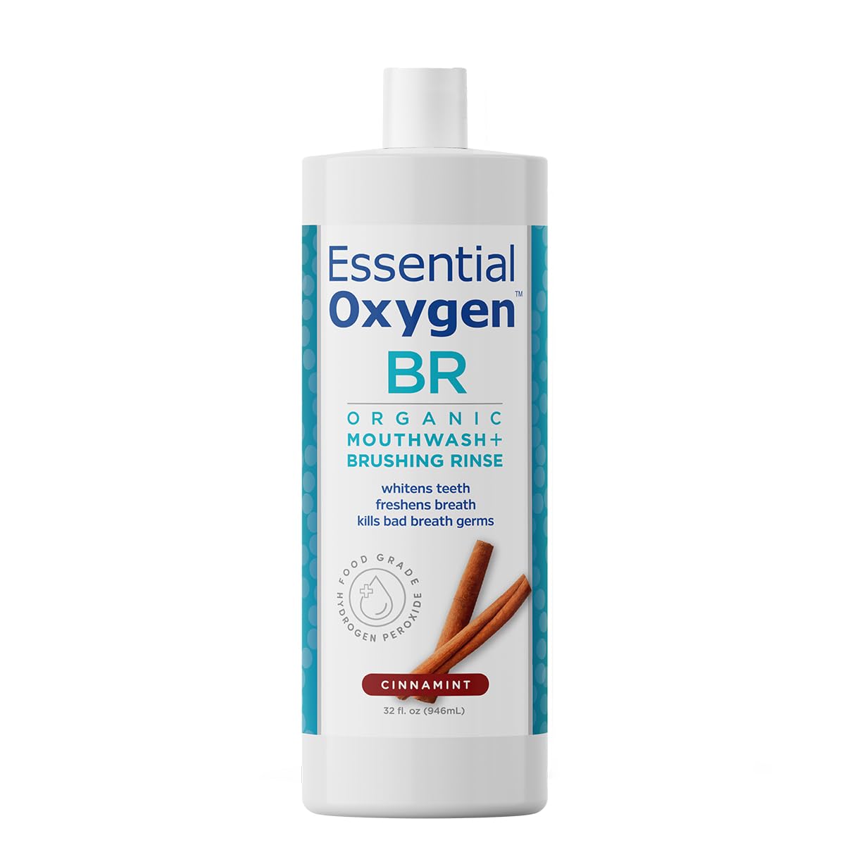 Essential Oxygen Br Certified Organic Brushing Rinse, Cinnamint, 32 Ounce (Pack Of 1), All Natural Mouthwash For Whiter Teeth, Fresher Breath, And Happier Gums, Alcohol-Free Oral Care