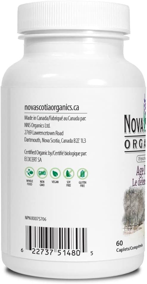 Nova Scotia Organics Age Defense Formula (120 Caplets), Organic; Vegan, Vegetarian, Astragalus Root, Panax Ginseng, Reishi Mushroom