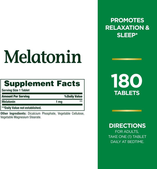 Nature'S Bounty Melatonin, 100% Drug Free Sleep Aid, Promotes Relaxation And Sleep Health, 1Mg, 180 Tablets