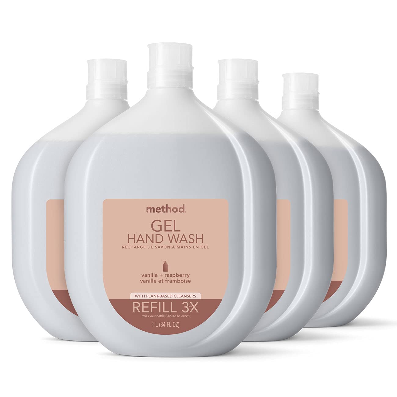Method Premium Gel Hand Soap Refill, Vanilla + Raspberry, Recyclable Bottle, Biodegradable Formula, 34 fl oz (Pack of 4)