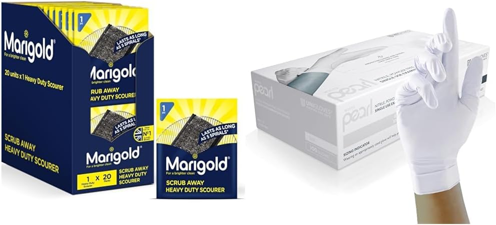 Marigold Scrub Away Heavy Duty Stainless Steel Scourer, 20 Single Packs, Grey & Unigloves White Pearl Nitrile Examination Gloves - Multipurpose, Powder Free And Latex Free Disposable Gloves
