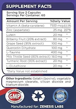 Zenesis Labs Lutein Vision Support - Essential Eye Vitamin - With Bilberry, Beta-Carotene, Zinc, Grapeseed & Other Minerals - 120 Capsules - 60 Day Supply