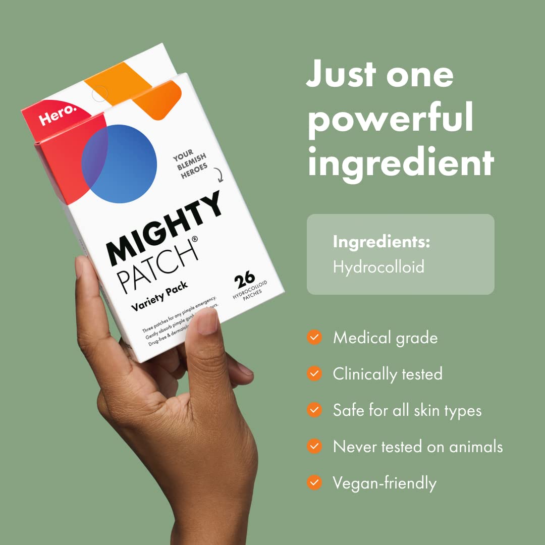 Hero Cosmetics Mighty Patch™ Variety Pack - Hydrocolloid Acne Pimple Patches for Covering Zits and Blemishes, Spot Stickers for Face and Skin (26 Count) : Beauty & Personal Care