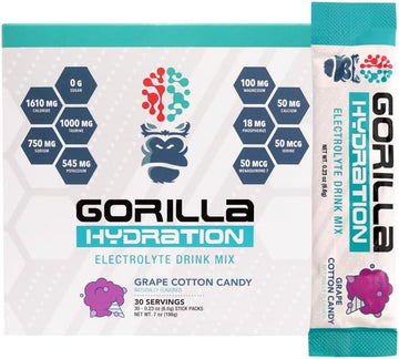 Gorilla Mind Hydration Packets - 3,073Mg Electrolytes On The Go Convenient Drink Mix For Comprehensive Replenishment - Zero Sugar, Naturally Sweetened, Fasting Friendly - 30 Count (Cotton Candy Grape)