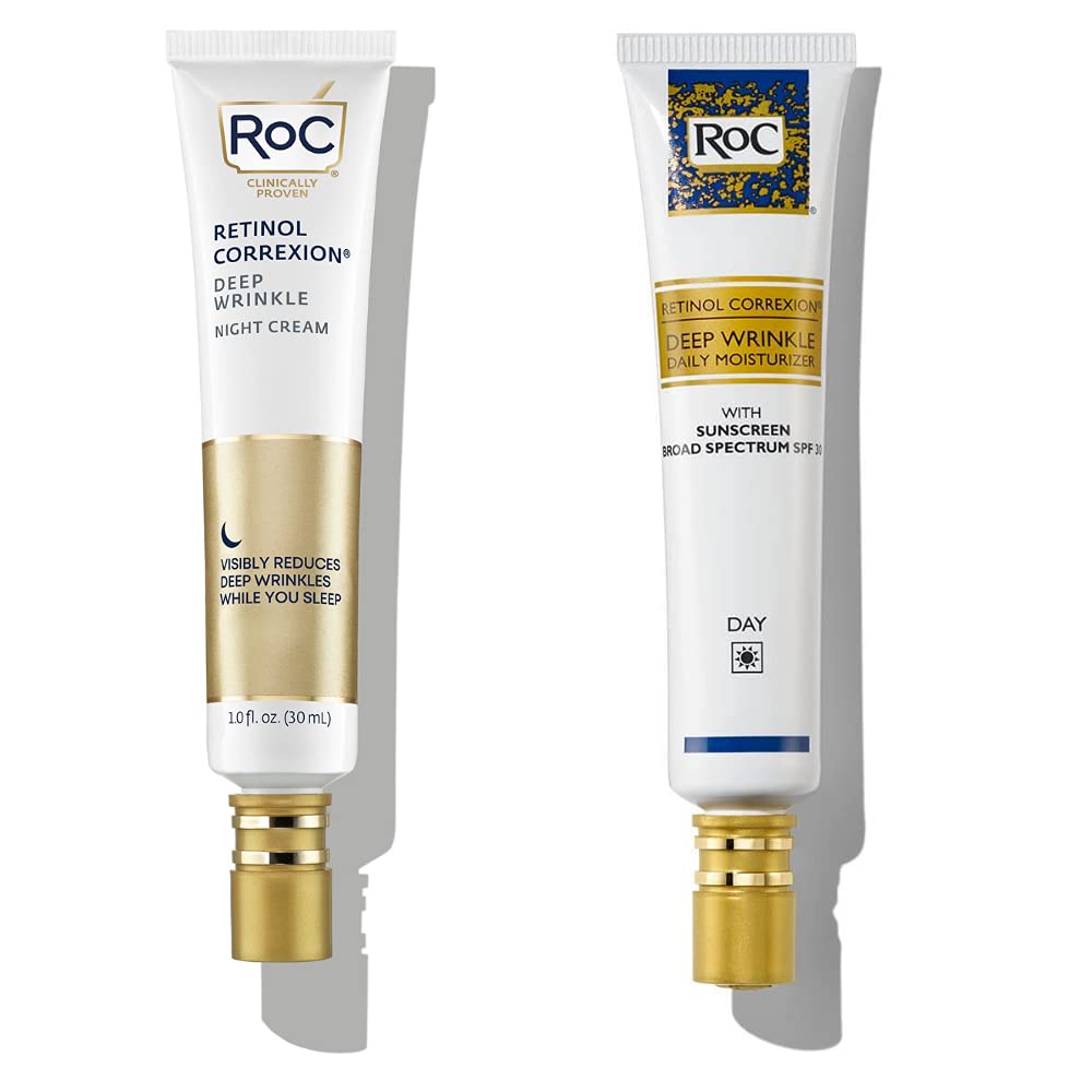 RoC Retinol Correxion Deep Wrinkle Facial Moisturizer Skin Care Bundle: Retinol Correxion Deep Wrinkle Night Cream + Deep Wrinkle Day Cream with SPF 30 : Beauty & Personal Care