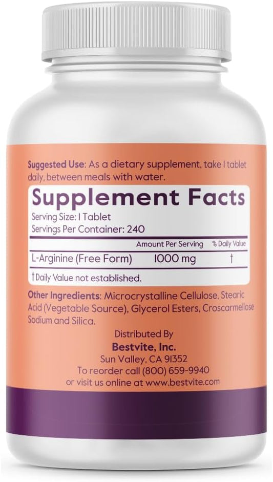 Bestvite L-Arginine 1000Mg Per Tablet (480 Tablets) (240 X 2) – Pharmaceutical Grade – Contains 20% More Pure Arginine Compared To Arginine Hcl – Nitric Oxide Precursor