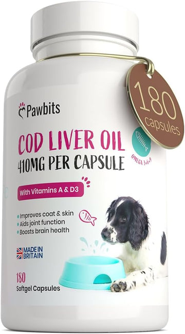 180 Cod Liver Oil Capsules for Dogs & Cats - (6 Months Supply) High Strength 410mg Gel Capsules to Support Joint, Skin and Coat Health - UK Manufactured?PB-CODLIVEROIL-180