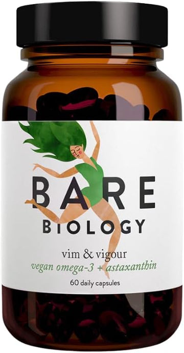 Bare Biology Vegan Omega 3 Algae Oil + Astaxanthin - Vim & Vigour Capsules (30 Servings) Epa 250Mg Dha 500Mg, Sustainably Sourced/Independently Tested For Purity