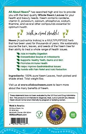 Organic Neem Leaves | WHOLE Fresh Wild Harvested Shade Dried Premium | 5 Oz for Tea, Natural Detox USA : Health & Household