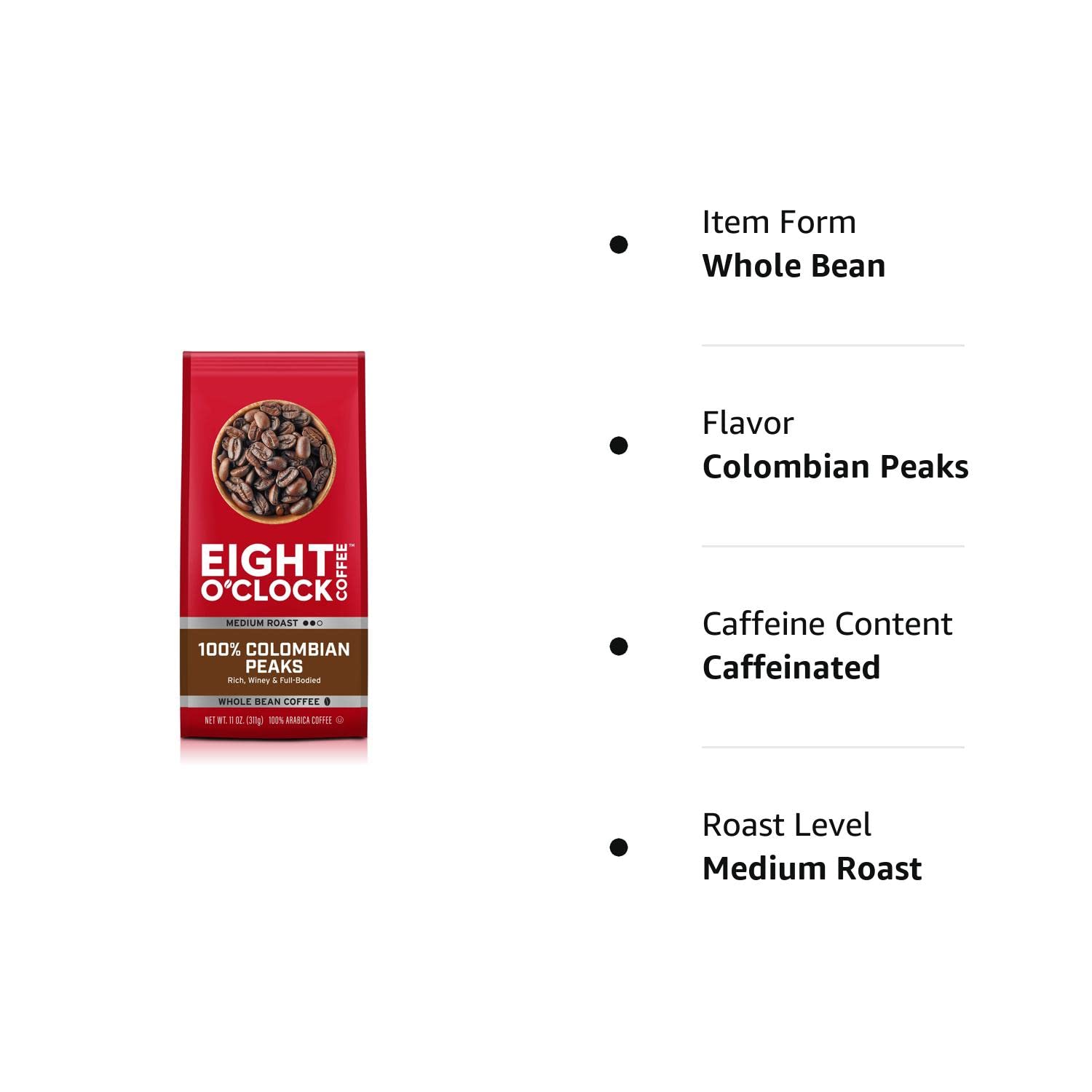 Eight O'Clock Coffee 100% Colombian Peaks & Arabica, 11 Ounce (Pack of 6) Medium Roast Whole Bean Coffee, Rich & Winey : Roasted Coffee Beans : Grocery & Gourmet Food