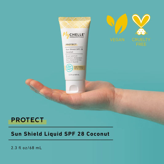 MyCHELLE Dermaceuticals Sun Shield SPF 28 Coconut (2.3 Fl Oz) - Soothing Reef Safe Sunscreen with Vitamin E and Aloe - Travel Size Zinc Sunscreen for Face and Body