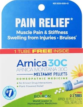 Boiron Arnica Montana 30C Homeopathic Medicine For Relief From Muscle Pain, Muscle Stiffness, Swelling From Injury, And Discoloration From Bruises - 3 Count (240 Pellets)