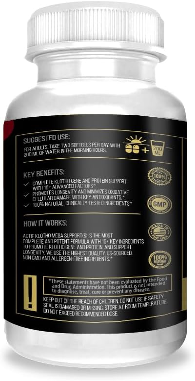 Actif Klotho Mega Support With 15+ Advanced Factors For Longevity Support - Non Gmo, Made In Usa, 90 Count