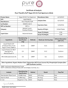 Pure Therapro Rx Vegan Vitamin D3 + K2 Liposomal Supplement | 90 Servings | Maximum Absorption Liquid Vitamins D3 5000 IU and K2-10 for Men and Women - 10 mL : Health & Household