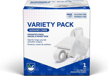 Rite Aid First Aid Gauze Pads, Variety Pack - Includes 25 Assorted Gauze Pads & Tape | Sterile Gauze Pads | First Aid Kit | Wound Care Supplies