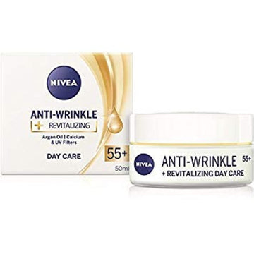 Nivea Anti-Wrinkle + Revitalizing Day Care Face Cream Anti-Aging 55+ With Argan Oil, Calcium And Uv Filters 50 Ml / 1.69 Oz