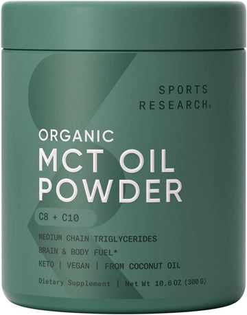 Sports Research Organic Mct Oil Powder - Keto & Vegan Mcts C8, C10 From Coconuts - Fatty Acid Brain & Body Fuel, Non-Gmo & Gluten Free - Unflavored, Perfect In Coffee, Tea & Protein Shakes - 10.6 Oz