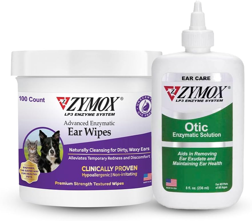 Zymox Enzymatic Ear Wipes And Otic Ear Solution Hydrocortisone Free For Dogs And Cats - Product Bundle - For Dirty, Waxy, Smelly Ears And To Soothe Ear Infections, 100 Count Wipes And 8 Oz Bottle