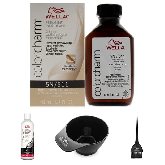 WELLA colorcharm Hair Dye & Coloring Kit, 5N Light Brown Permanent Liquid Hair Color, + 20 Vol Cream Developer, + Color Mixing Bowl + Application Brush, For Professional or At-Home Use, 4PC : Beauty & Personal Care