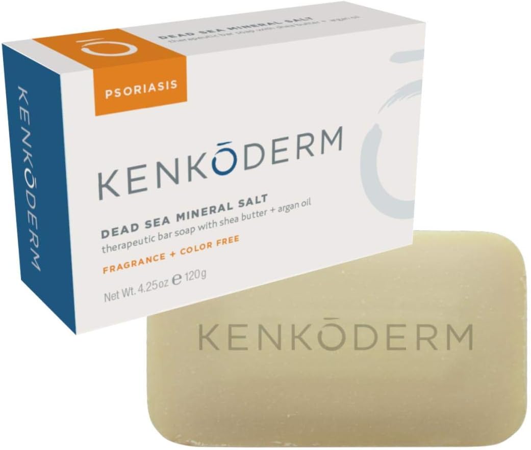 Kenkoderm Psoriasis Dead Sea Mineral Salt Soap With Argan Oil & Salicylic Acid, Natural Exfoliating Body & Face Cleanser For Sensitive Skin, Color & Fragrance Free, 4.25 Ounce, 1 Bar