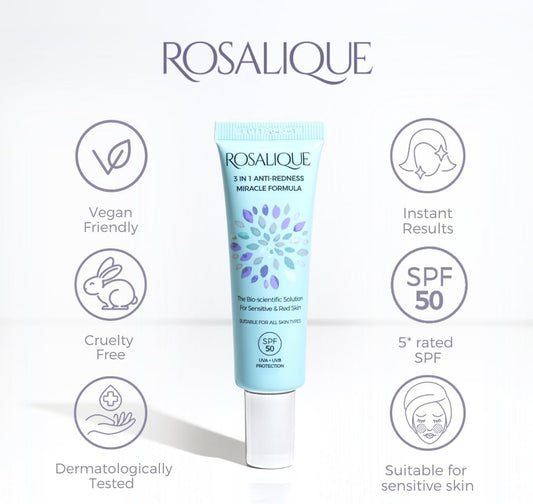 Rosalique 3 In 1 Anti-Redness Miracle Formula Colour Corrector Spf50 For Hypersensitive And Redness Prone Skin, Suitable For All Skin Types 1 X 30 Ml