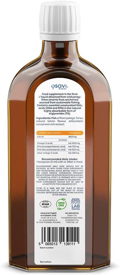 Osavi Daily Omega 1600 Mg – 500 Ml Oil | Omega–3 | Natural Lemon Flavor | Sustainable Wild Cod Oil From Norway With Dha & Epa For Brain, Heart & Vision Support | Highly Absorbable, Clean Label