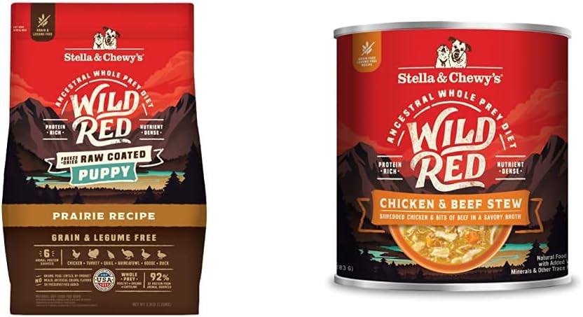 Stella & Chewy's Wild Red Raw Coated Kibble Dry Dog Food Grain Free Puppy Prairie Recipe, 3.5lb Bag + Wild Red Chicken & Beef Stew Wet Dog Food, 10oz Cans (Pack of 6) : Pet Supplies