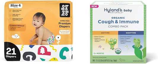 Hello Bello Premium Baby Diapers Size 4, 21 Count of Disposable Comfort Fit Diapers - Design: Alphabet Soup + Hyland's Baby - Organic Cough & Immune Day & Night Combo Pack (4 fl oz) : Baby