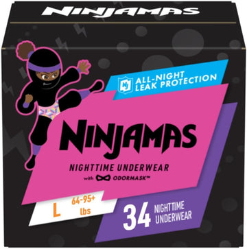 Pampers Ninjamas Nighttime Bedwetting Underwear Girls - Size L (64-125 Lbs), 34 Count