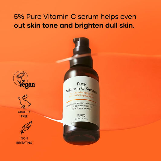 Purito Pure Vitamin C Serum 60Ml / 2.0 Fl.Oz., Natural Ingredients Serum, Vitamin C, Vegan & Cruelty Free, Hypoallergenic, Calming, Fragrance-Free, Korean Skin Care