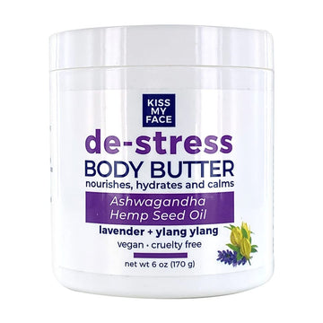 Kiss My Face De-Stress Body Butter - Lavender + Ylang Ylang - Nourishing Blend Of Rhodiola Rosea, Hemp Seed Oil, Ashwagandha And Marshmallow Root - Vegan & Cruelty-Free - 6 Oz Jar