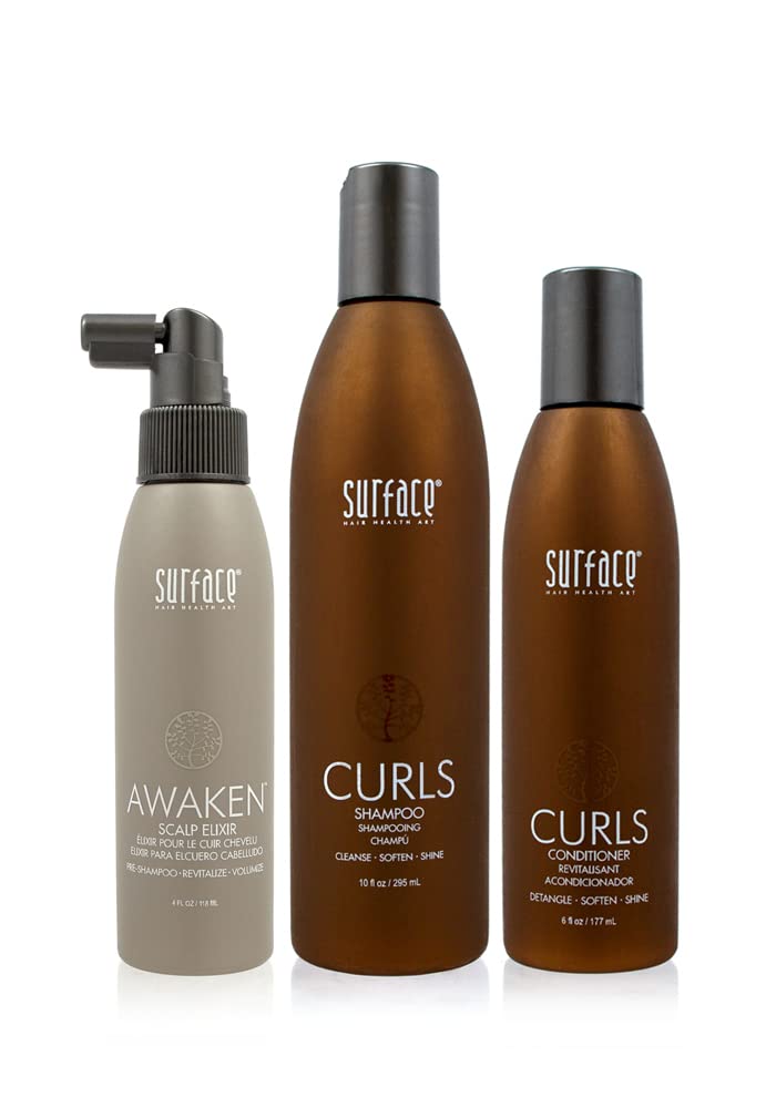 Surface Hair Curly Care Trio: Curls Shampoo And Conditioner Plus Awaken Scalp Elxir. Maintains Curls While Attending To Scalp Health