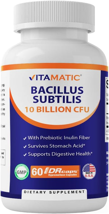Vitamatic Bacillus Subtilis 10 Billion per DR Capsule - 60 Count - Digestive, Gut & Immune Health Support - Made with Prebiotic Inulin Fiber