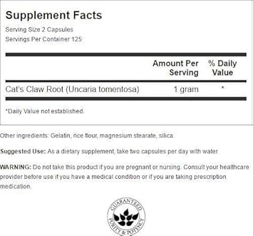 Swanson Full Specturm Cat's Claw - Antioxidant Support - Movement & exibility Support 500 mg 250 Capsules