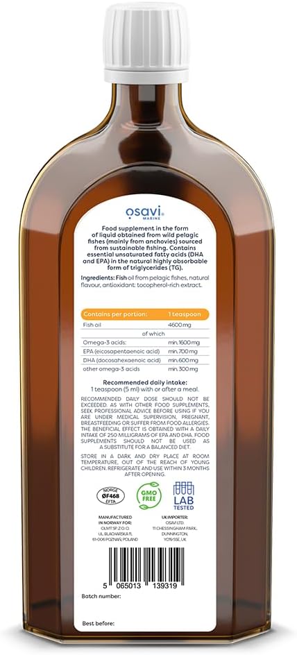 Osavi Daily Omega 1600 mg – 500 ml Oil | Omega–3 | Natural Lemon Flavor | Sustainable Wild Cod Oil from Norway with DHA & EPA for Brain, Heart & Vision Support | Highly Absorbable, Clean Label : Amazon.co.uk: Health & Personal Care