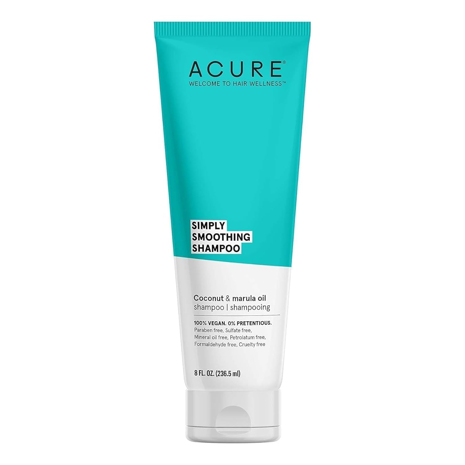 Acure Simply Smoothing Shampoo, Water, Coconut & Marula Oil, 100% Vegan, Performance Driven Hair Care, Smooths & Reduces Frizz, White/Blue, 8 Fl Oz