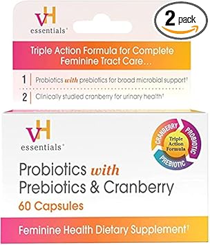 vH essentials Probiotics with Prebiotics and Cranberry Feminine Health Supplement, 60 Count (2 Pack)