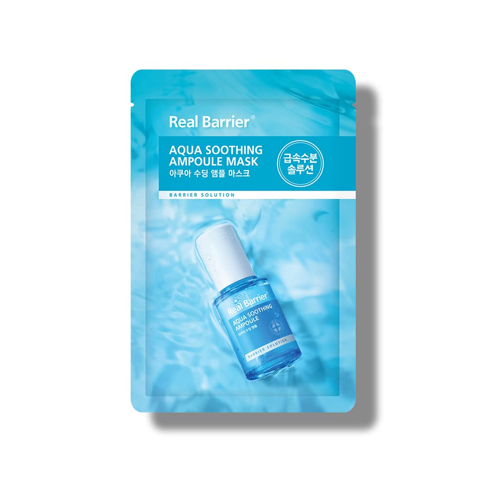 Real Barrier Aqua Soothing Ampoule Face Mask, 10Ea, Low Ph Korean Sheet Mask With Hyaluronic Acid, Cooling, Soothing, Clarifying, Hydrating