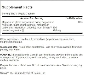Swanson Simag Marine Magnesium 200 Milligrams Elemental 200 Milligrams 60 Veg Capsules (2 Pack)