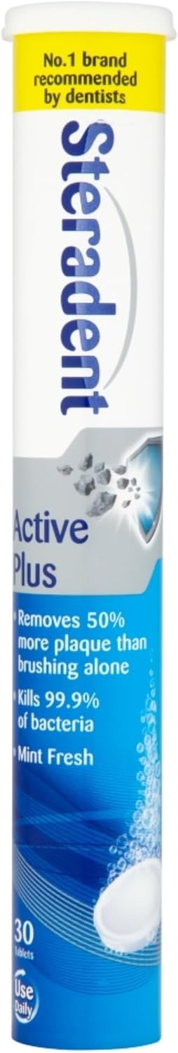 Steradent Active Plus Denture Cleaning Tablets, Mint Fresh, 30 Count - Plaque Remover, Dental Hygiene Cleanser, Cleans In 3 Minutes, Kills 99.9% Bacteria, Care Solution