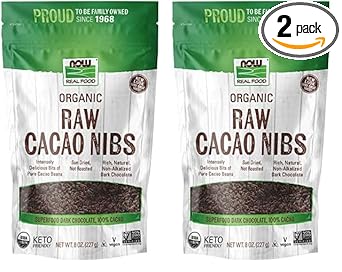 Now Foods, Organic Raw Cacao Nibs, Rich, Pure Cacao Bean Bits, Dark Chocolate Flavor, Certified Non-Gmo 8-Ounce (Packaging May Vary) (Pack Of 2)