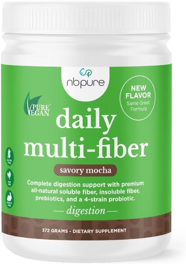 nbpure Daily Fiber Powder Blend for Digestive Health, Cholesterol Support, Healthy Weight Management - with Prebiotic, Insoluble, Soluble Fiber + 4 Probiotic Strains for Women, Men, Kids, Savory Mocha