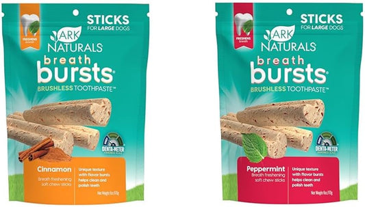 Ark Naturals Breath Bursts Dog Treat Bundle, Dog Dental Sticks for Large Breeds, Unique Texture Helps Clean Teeth & Freshen Breath, Cinnamon & Peppermint, 6 oz Each, 2 Packs : Pet Supplies