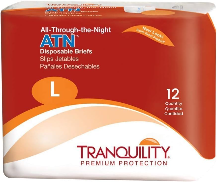 Tranquility Premium Atn Disposable Briefs With Tabs, Overnight Protection Superabsorbent Core For Leak-Free And Full-Fit Comfort, Large 12Ct Bag