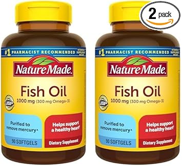 Nature Made Fish Oil 1000 Mg Softgels, Omega 3 Fish Oil Supplements For Healthy Heart Support With 90 Softgels, 45 Day Supply (Pack Of 2)