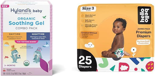 Hyland's Baby - Organic Day/Night Soothing Gel Combo Pack, Natural Relief of Oral Discomfort (2 Tubes of 0.53 oz.) + Hello Bello Premium Baby Diapers Size 3, 25 Count : Baby