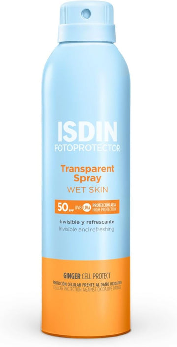 ISDIN Fotoprotector Transparent Spray SPF 50 (250ml) | Wet Skin Sunscreen | Effective on wet skin | instant cooling and drying spray