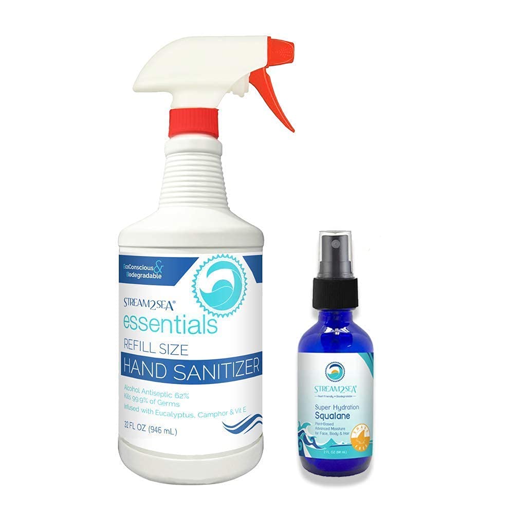 Stream2Sea Hand Sanitizer Refill 32oz & Squalane Oil for for Moisturized Skin and Hair with Vitamin E - Natural Protection & Hydration for Skin - Reef Safe, Paraben Free & Biodegradable