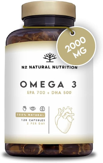 Omega 3 2000Mg 700Mg Epa + 500Mg Dha With Vitamin E, Supports Normal Heart, Brain & Vision Function. Heavy Metal Free. 120 Softgel N2 Natural Nutrition